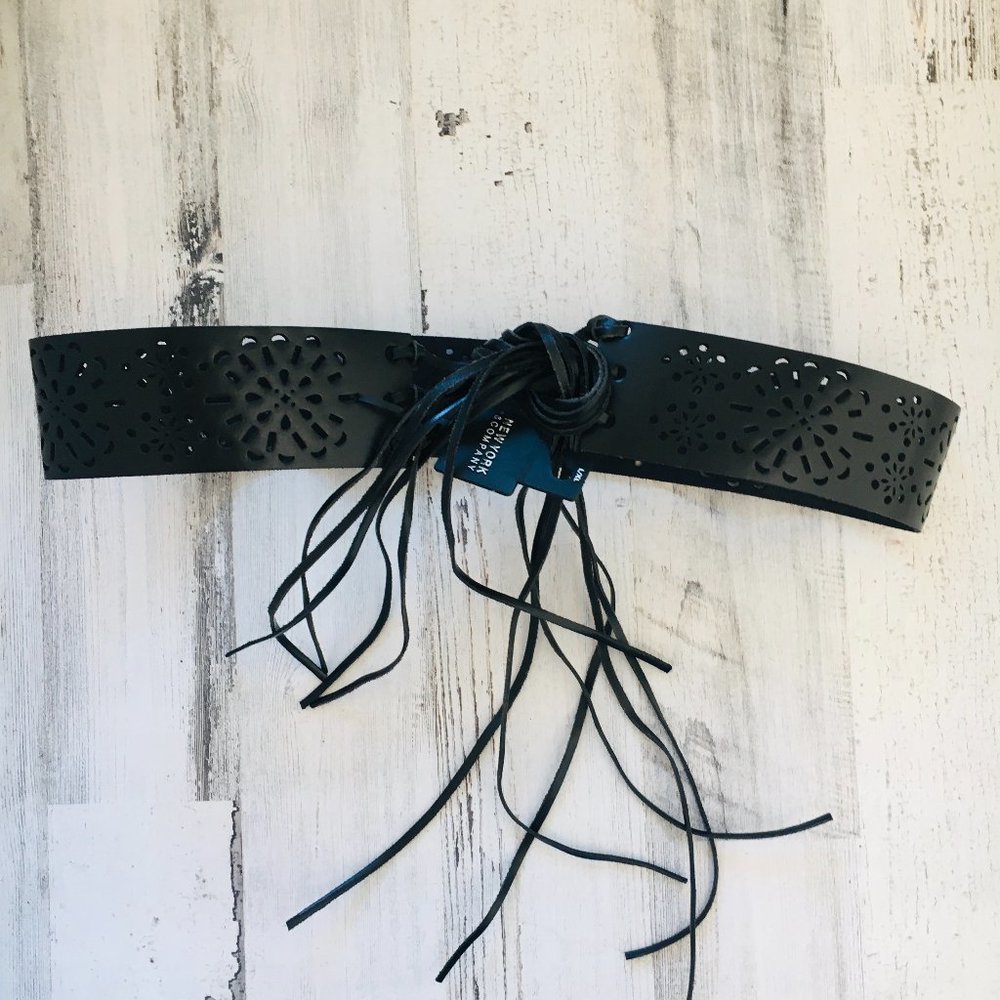New York & Company Black Leather Belt Bohemian Fringe Lasercut Perforated